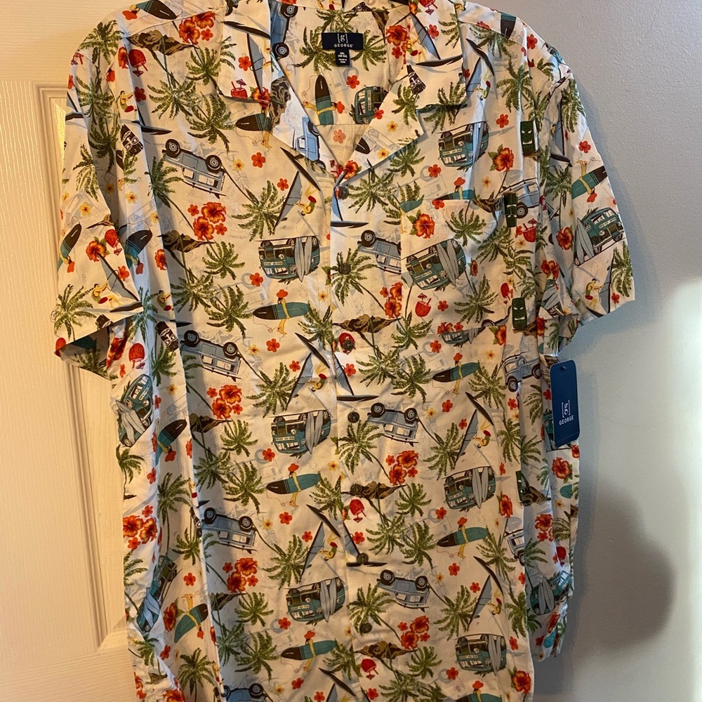 George Men's Floral and Car Print Shirt - White and Green